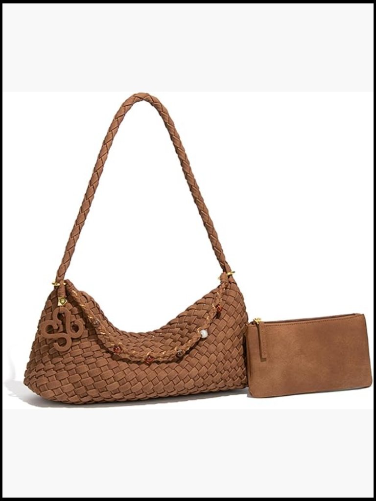 Vintage Boho Woven Hobo Shoulder Bag Slouchy Faux Suede Tote With Pouch